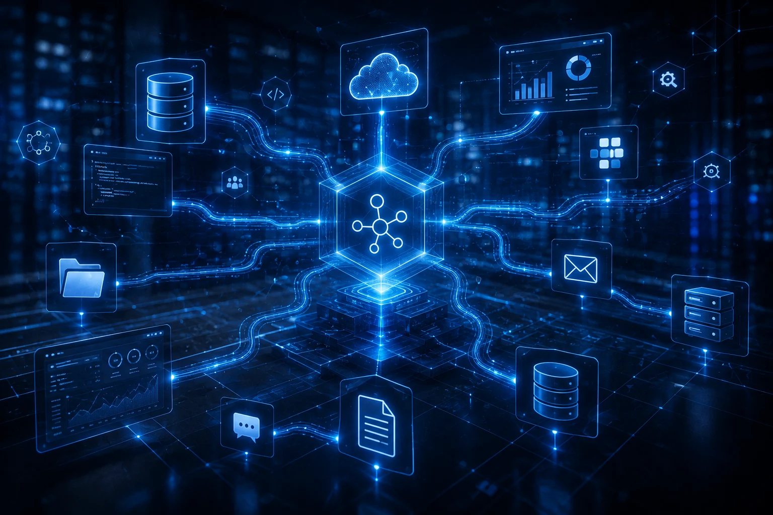 Systems integration workspace showing connected applications, databases and data flows.